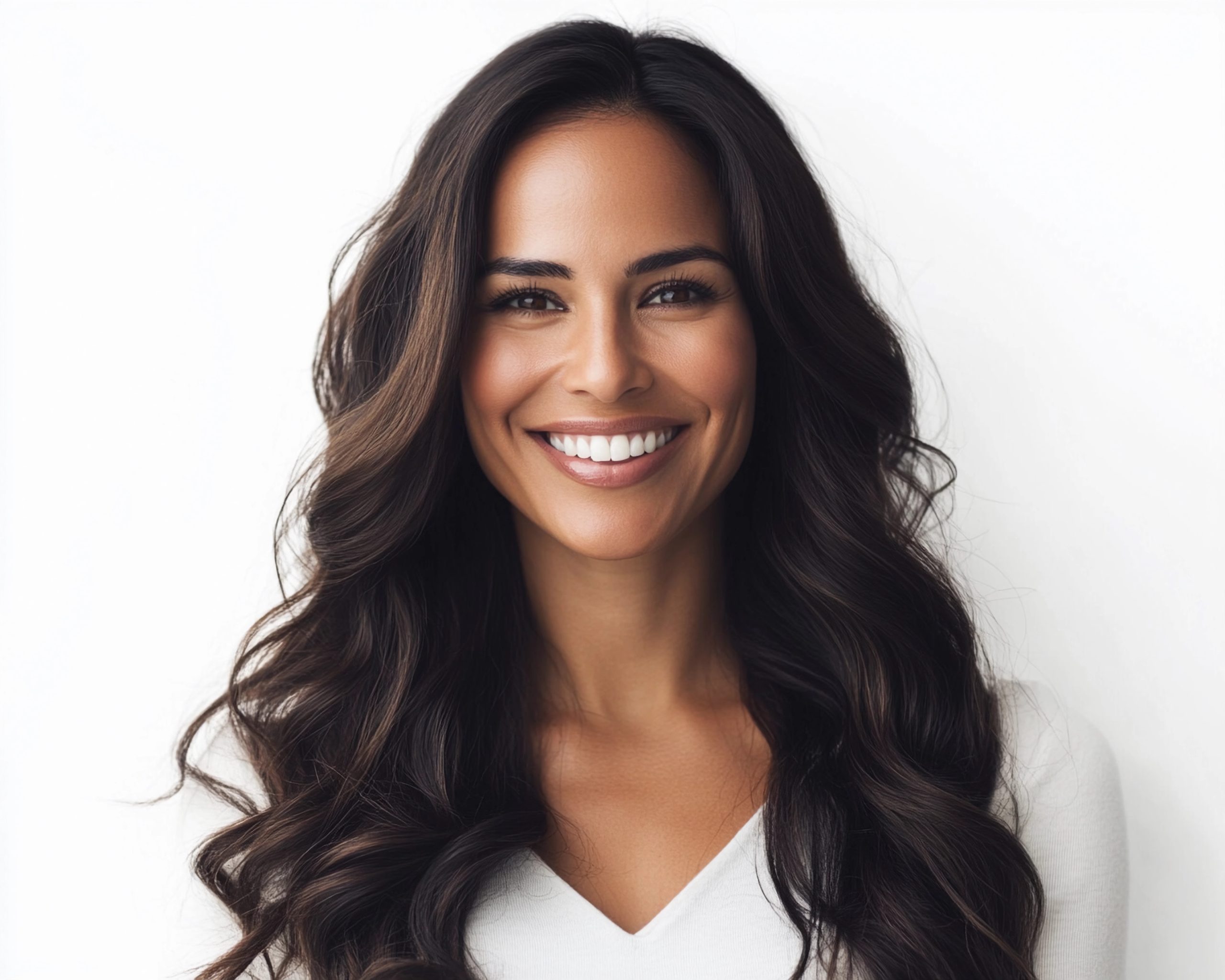 beautiful latina model woman in her 40s with long hair portrait for skincare hair care or headshot